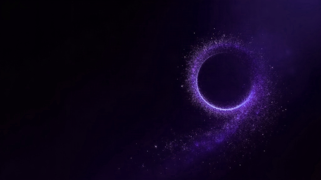 Composição abstrata em roxo: arco aberto que termina no vazio ao lado de um toro contínuo de partículas