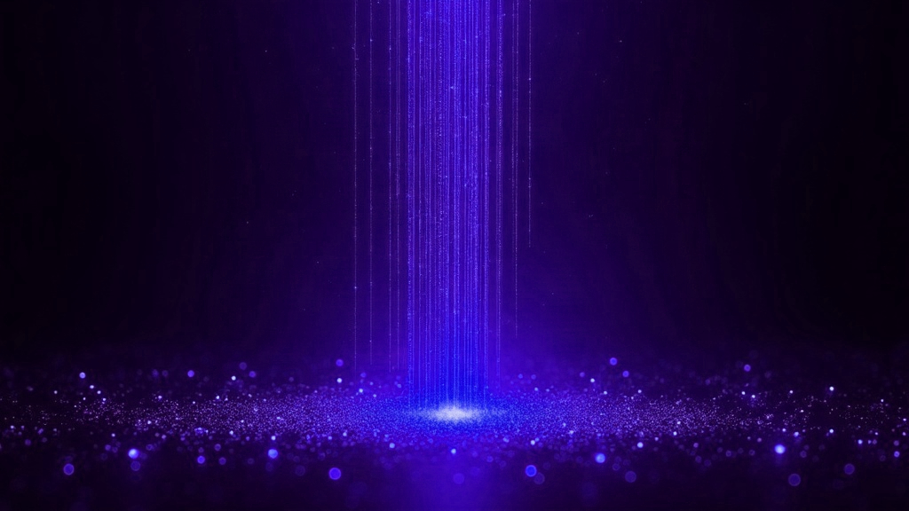 Composição abstrata em roxo: filamentos luminosos convergindo para um reservatório de partículas