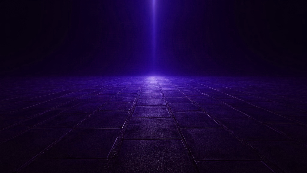 Composição abstrata em roxo: plano horizontal amplo atravessado por um eixo vertical profundo de luz