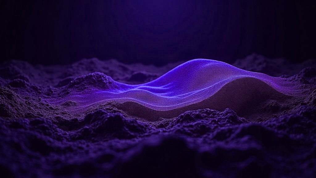 Composição abstrata em roxo: superfície de malha curva sobre barras densas de dados históricos