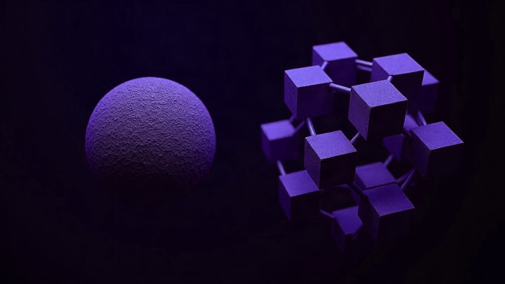 Composição abstrata em roxo: esfera fechada de filamentos ao lado de estrutura modular aberta
