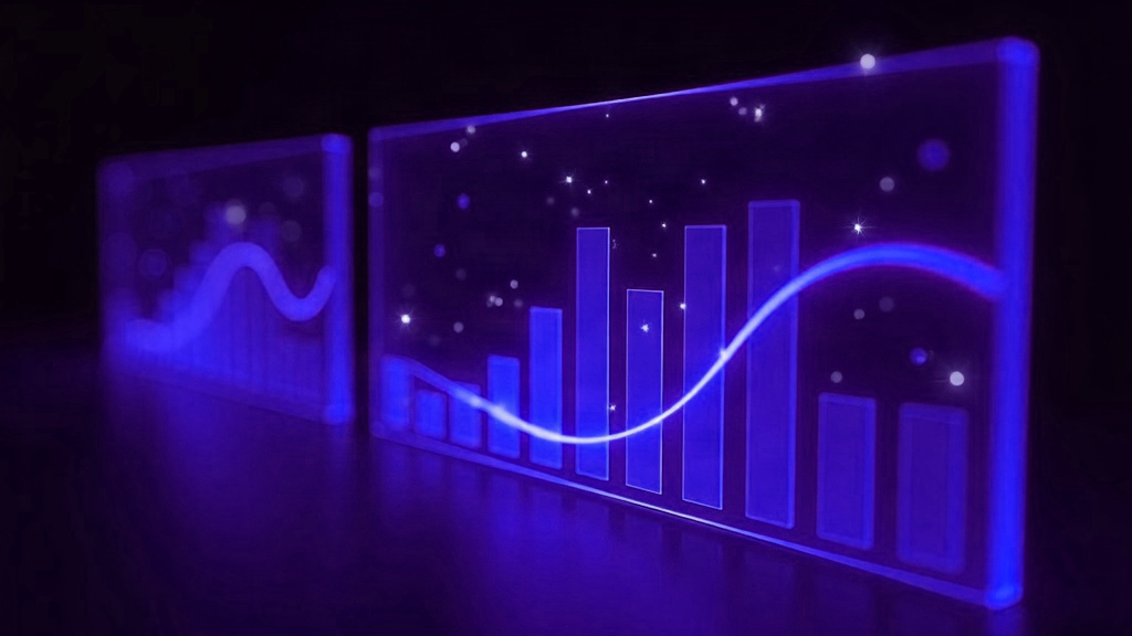 Ilustração abstrata de um painel de dados de vendas em camadas, em tons de roxo e azul