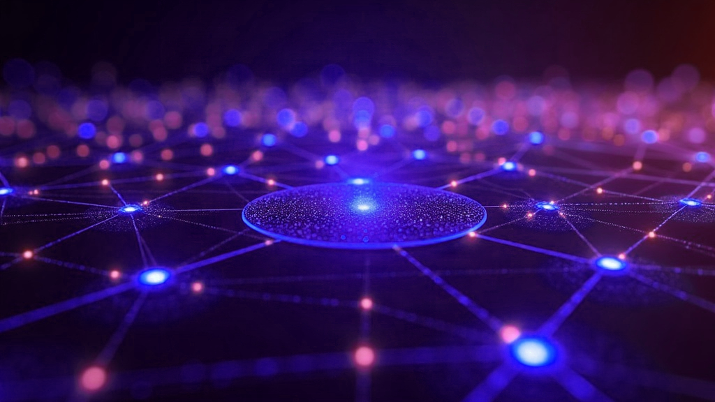 Ilustração abstrata de uma rede de nós luminosos distribuindo fluxos de dados entre camadas, representando a automação de campanhas do Meta Advantage+