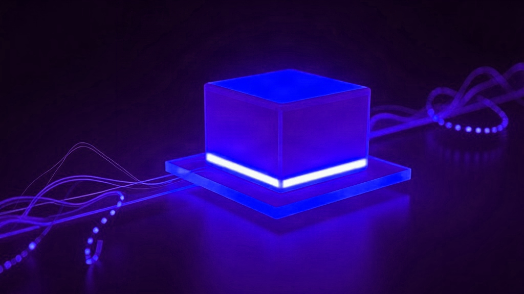 Ilustração abstrata de prateleiras digitais em violeta e azul com um produto em destaque conectado a uma rede de dados, representando anúncios na Amazon