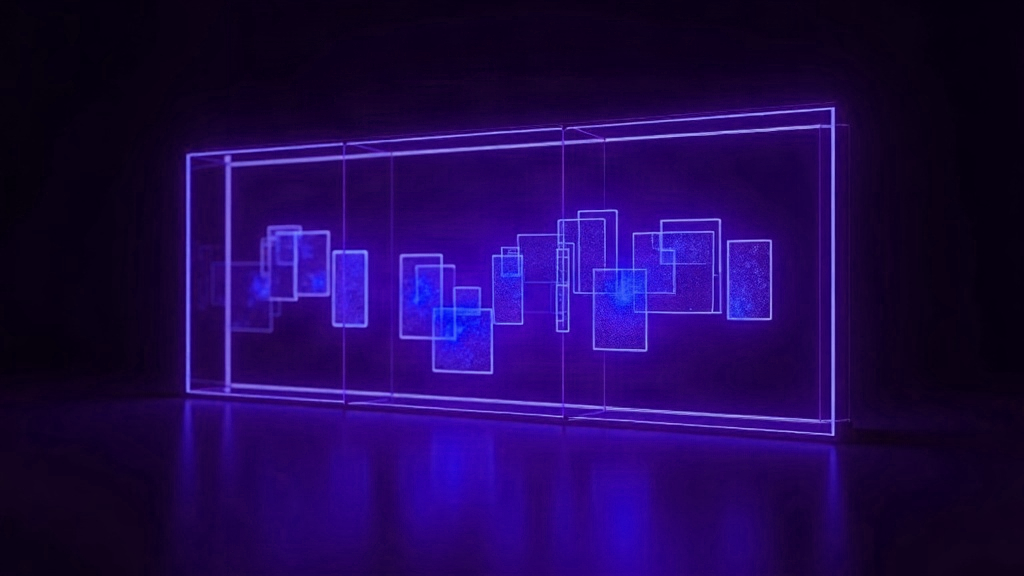 Ilustração abstrata de painéis verticais de vídeo em violeta e azul, representando a pesquisa na biblioteca de anúncios do TikTok