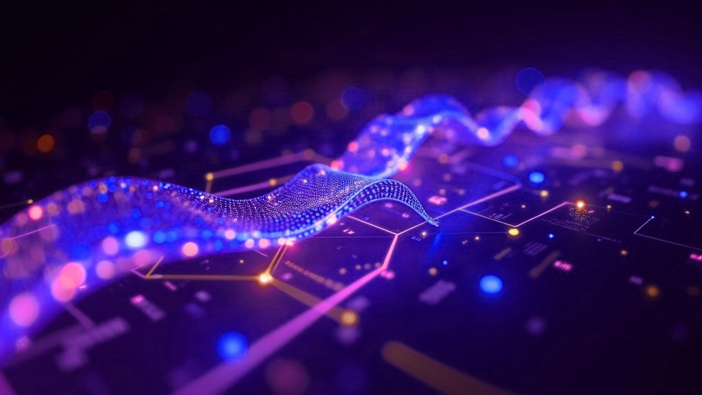 Ilustração abstrata de documentos digitais passando por um fluxo automatizado, em tons de roxo e azul
