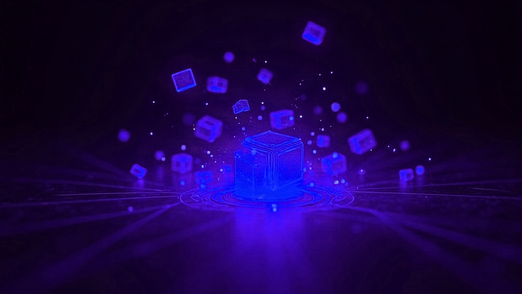Ilustração abstrata de uma grade de blocos de dados em violeta e azul representando um catálogo de produtos sincronizado com o Google Merchant Center