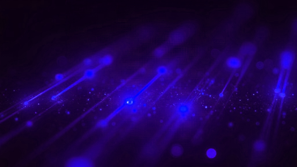 Ilustração abstrata de faixas de luz em violeta e azul se transformando em uma rede de dados, representando o GTIN como identificador de produto