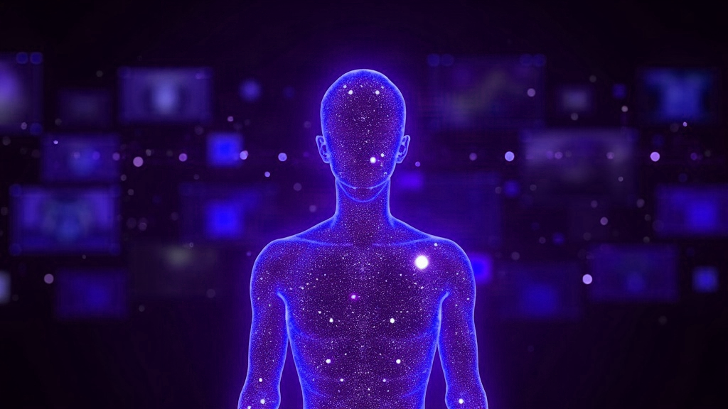 Ilustração abstrata de uma silhueta humana feita de partículas de luz diante de quadros de vídeo, representando um apresentador digital gerado por IA