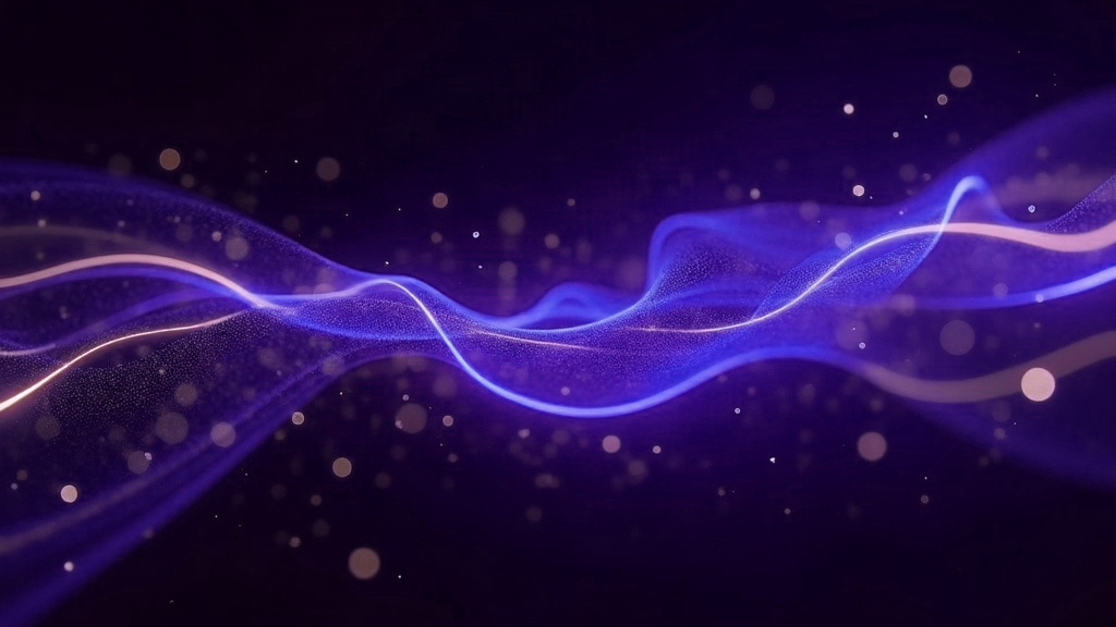 Ondas sonoras abstratas em roxo e azul representando uma inteligência artificial de voz