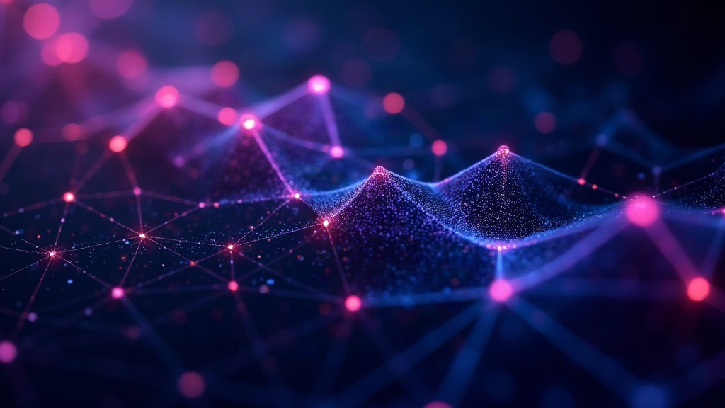 Plataformas de link de pagamento: rede de nós interconectados em roxo e azul sobre fundo escuro