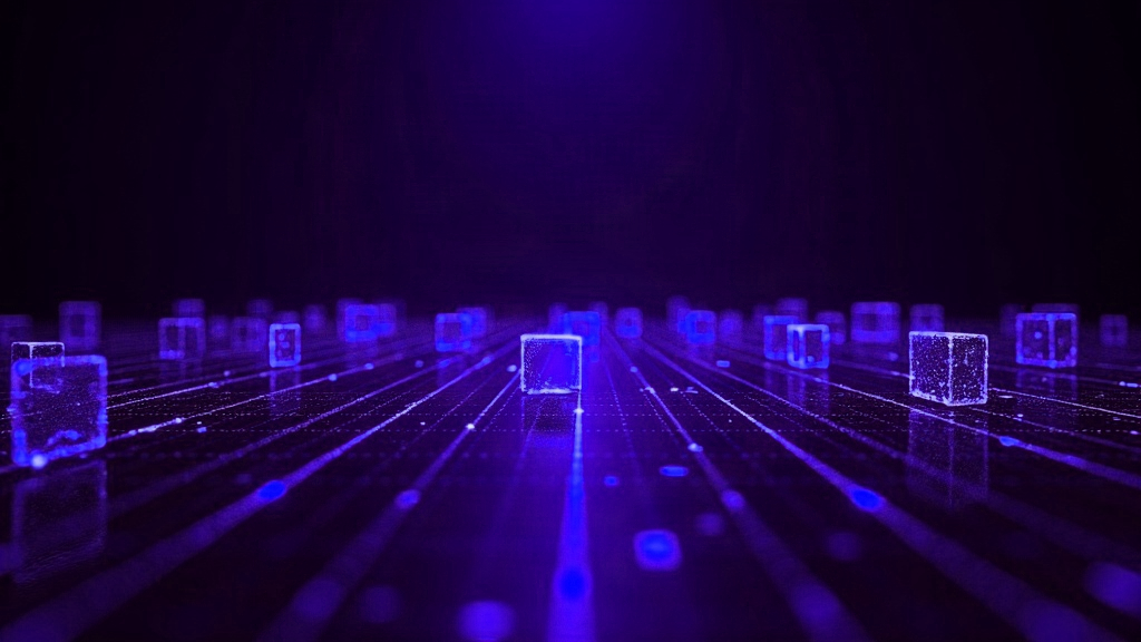 Ilustração abstrata de uma grade de posições de armazenagem conectadas por trilhas de luz, representando o endereçamento e a rota de separação de um WMS
